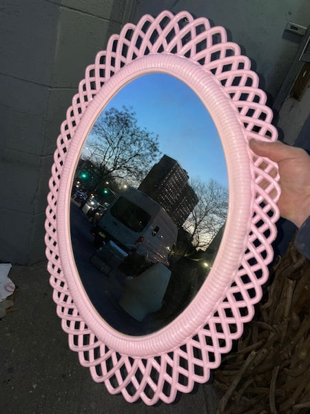 Pink Plastic Lace Mirror Round Oval 19x28” tall