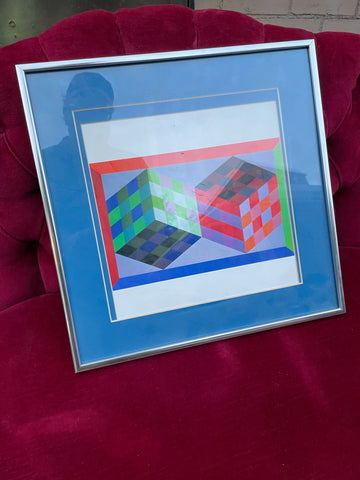 Geometric Framed Neon Cube Art with Blue Matting