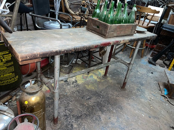 Industrial Metal Base And Wood Top Counter Height Desk or Work Bench Table
