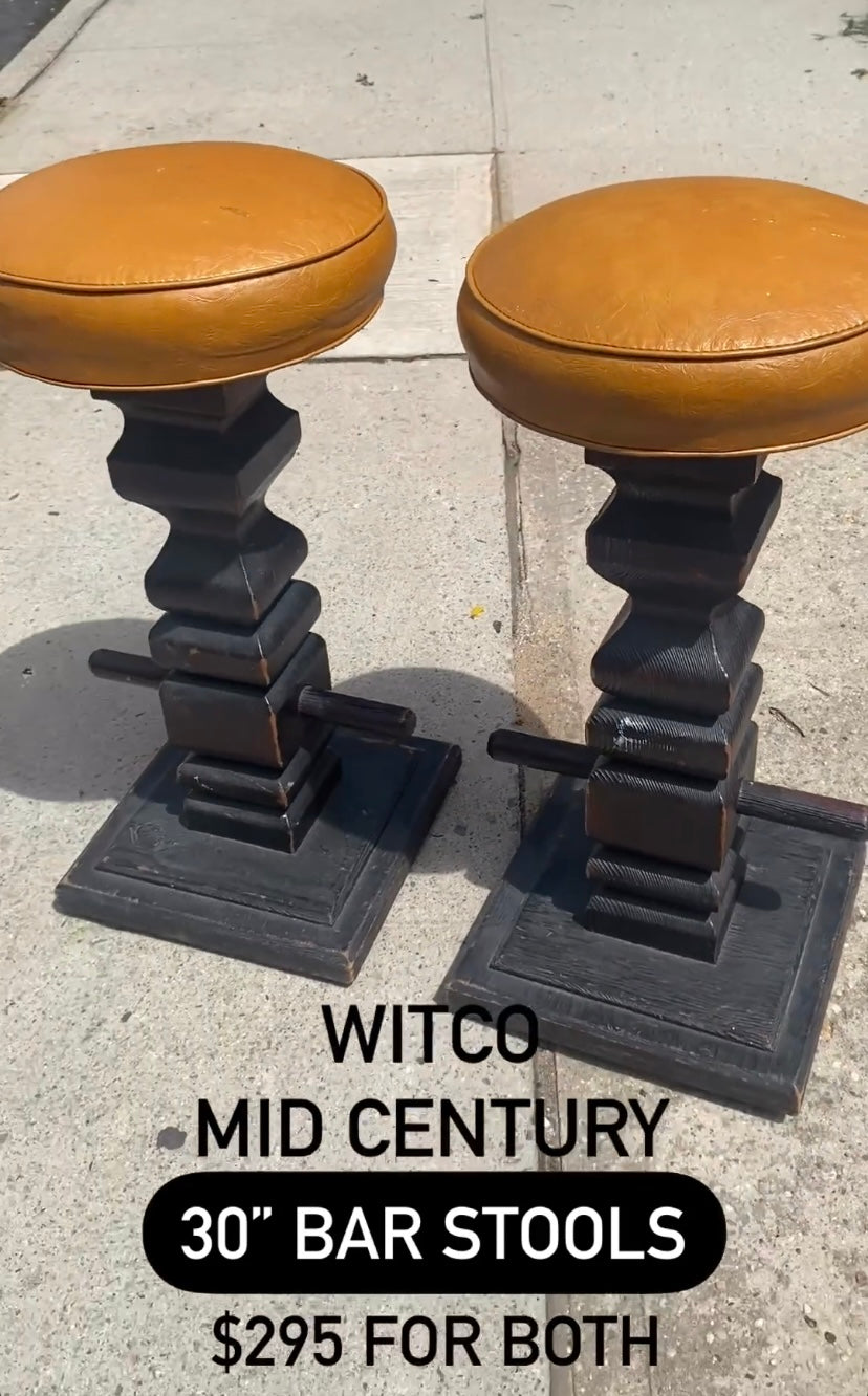 Pair of Witco Mid Century Craftsman Style Wood and Vinyl Bar Stools