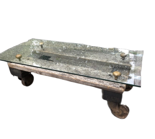 Industrial Cart Coffee Table with Wheels and Brass Hardware