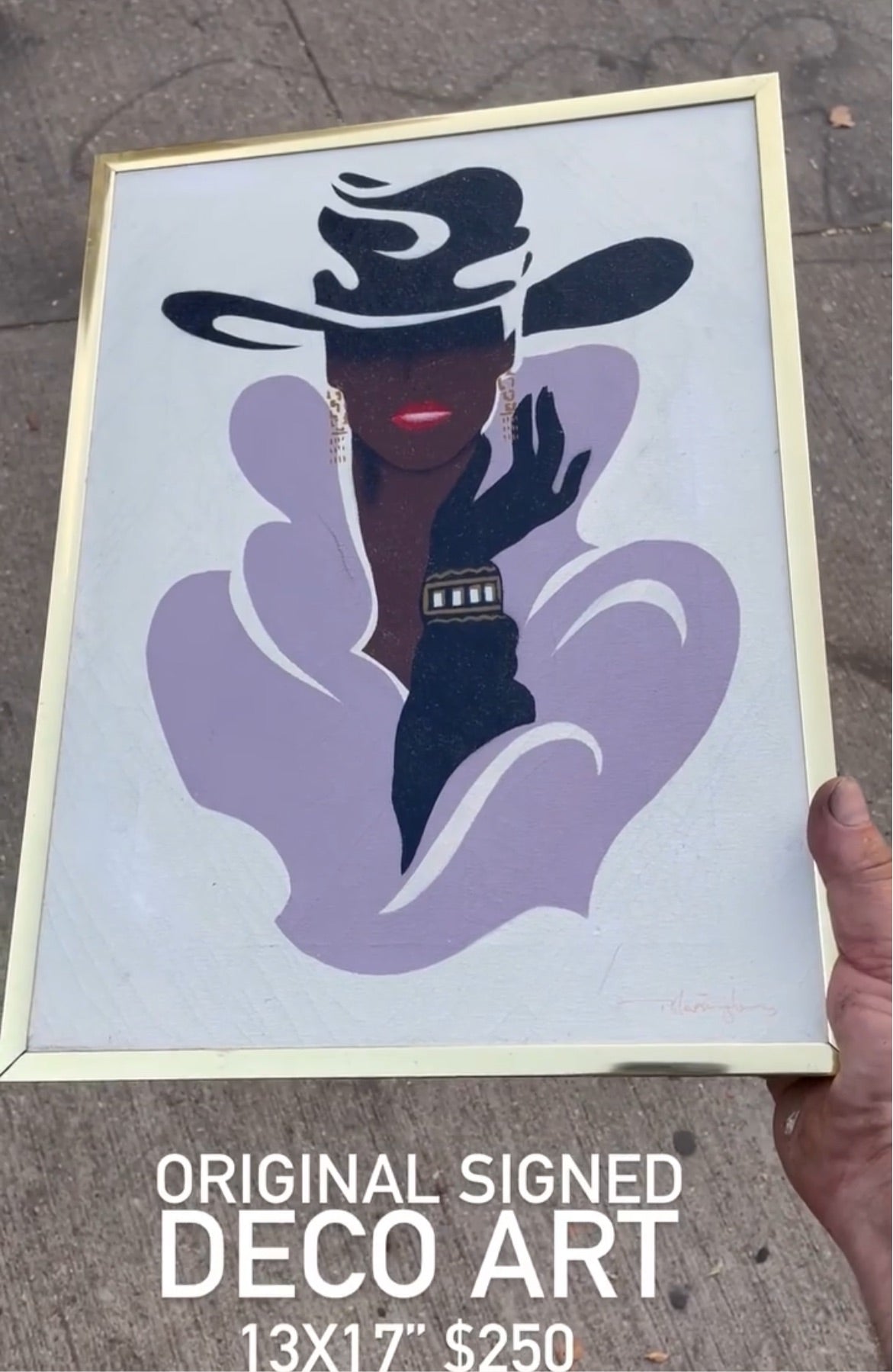 Erik Freyman Style Framed Signed Art Deco Print of Lady with a Hat Purple