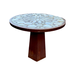AUCTION ITEM: Gorgeous MCM Tue Poulsen Style Wood and Mother of Pearl Inlayed Mosiac Pedestal Side Table