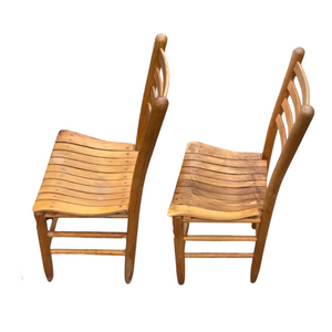 Pair of Vintage Blonde Solid Wood Rush and Slatted Wood Base Chairs