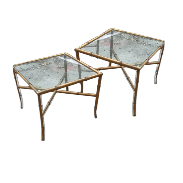 Pair of Hollywood Regency Metal and Glass Bamboo Square Side or Coffee Tables