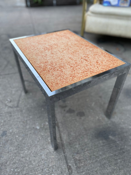 Orange mid century Corklike and Chrome Side Table