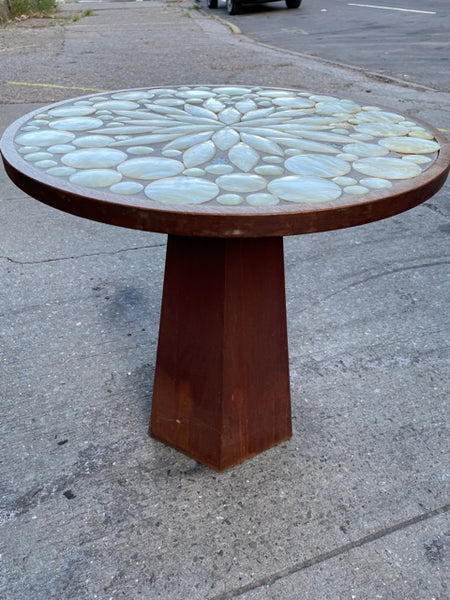 AUCTION ITEM: Gorgeous MCM Tue Poulsen Style Wood and Mother of Pearl Inlayed Mosiac Pedestal Side Table