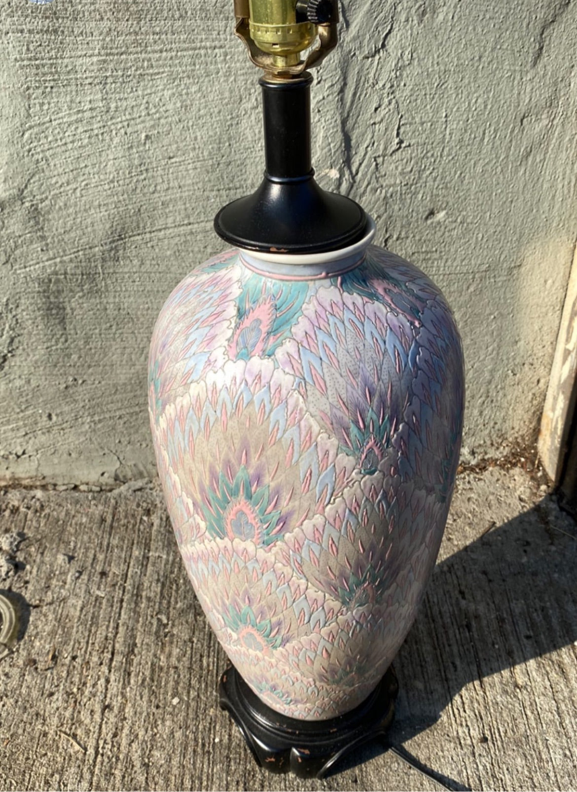 1980s Flame Stitch Floral Patterned Ceramic Lamp