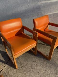 Bright Orange Vinyl and Wood Accord Chairs