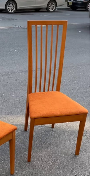 Pair of Wood and Orange High-back Dining Chairs