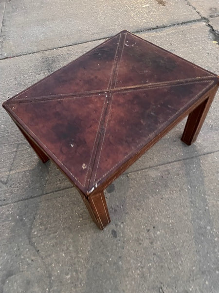 Cognac Brown Leather Patina Coffee Table with White Stitching