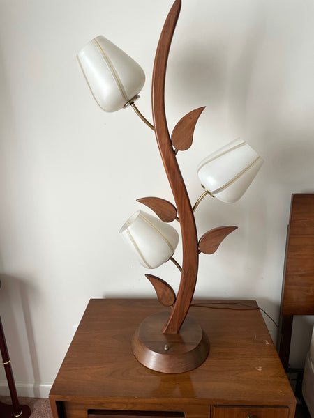 Mid Century Modern Wood and Brass Vintage Floral-Inspired Lamps (Pair Available Priced Individually)