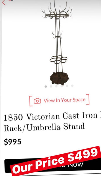 1850s Victorian Cast Iron Coat, Hat and Umbrella Rack