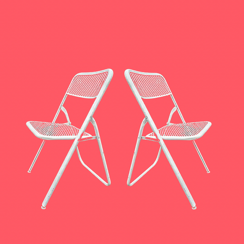 Pair of Vintage Mid Century Modern Rid-Gid Metal Mesh Folding Chairs By Salterini - White