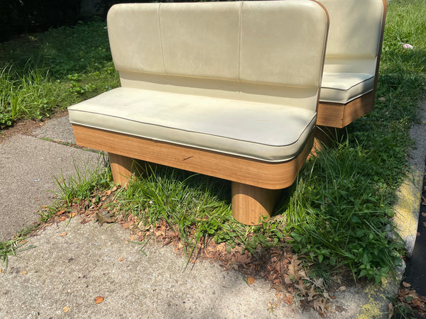 Postmodern Off White Vinyl and Rounded Wood Banquet Bench
