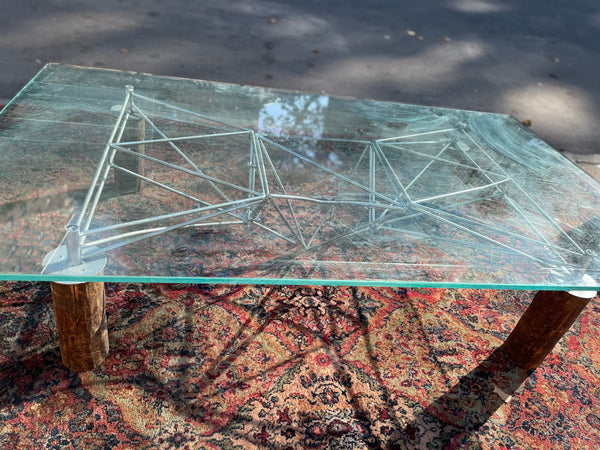 Unique Industrial Modern Rustic Wood, Metal and Glass Low Profile Coffee Table