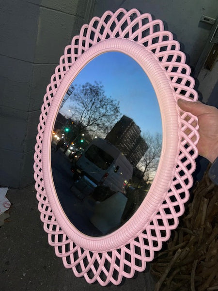 Pink Plastic Lace Mirror Round Oval 19x28” tall