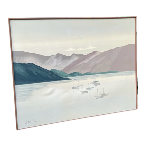 Stephen Kaye Signed Original Postmodern Painting of Boats in Landscape