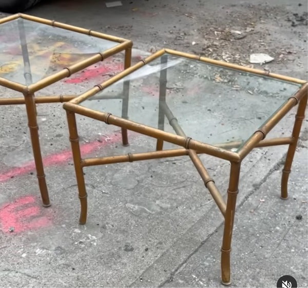 Pair of Hollywood Regency Metal and Glass Bamboo Square Side or Coffee Tables