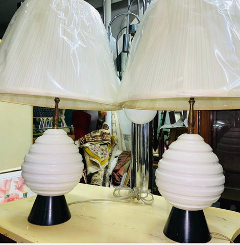 Pair of MCM White and Black Wood Lamps