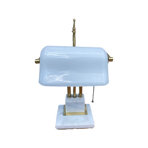 White Glass and Marble Bankers Desk Lamp