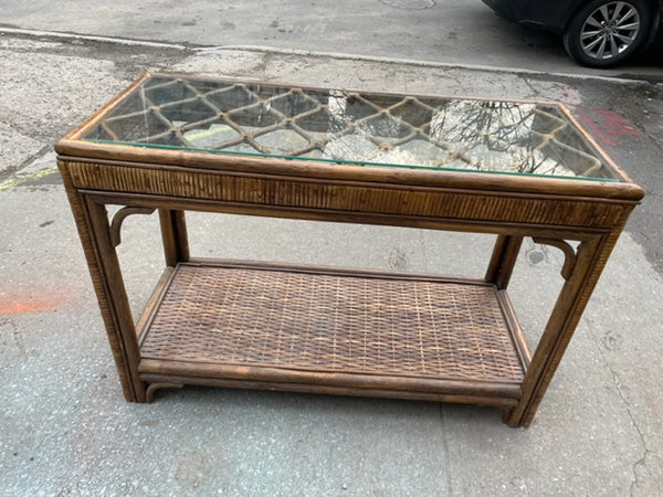 Boho Dark Cane and Rattan Console Table with Glass