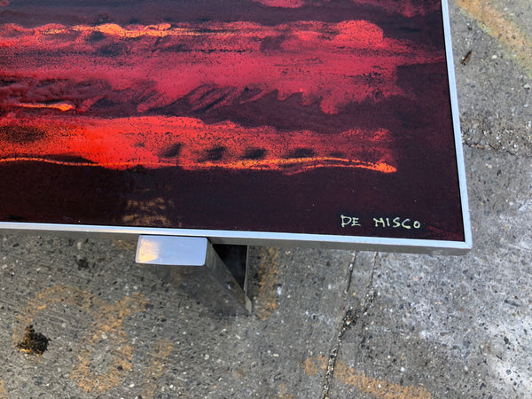 Red Modern Art Enameled top MCM Coffee Table Signed De Nisco Chrome Legs
