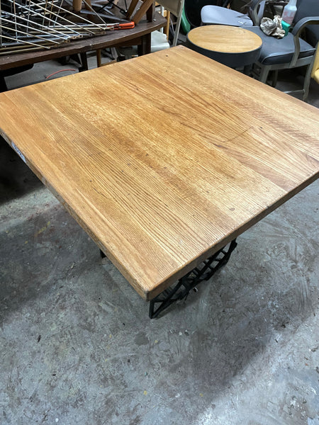 Square Butcher Block Dining Table on a Heavy Cast Iron Wine Rack Base