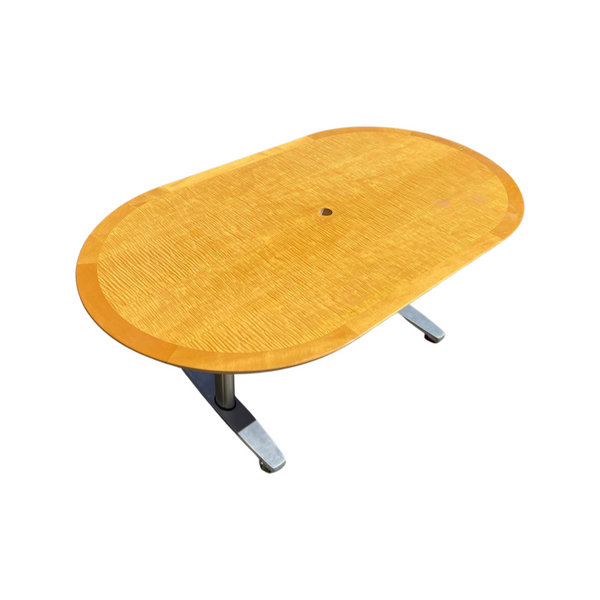 Tiger Maple Racetrack Shaped and Chrome Dining Table