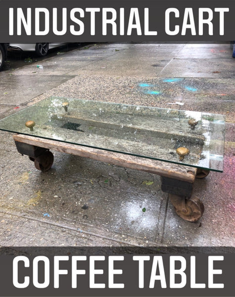 Industrial Cart Coffee Table with Wheels and Brass Hardware