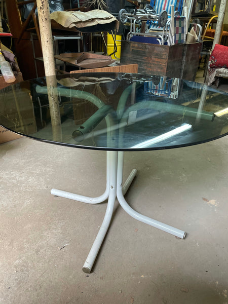 Smoked Glass Round Kitchen Table with White Metal Base