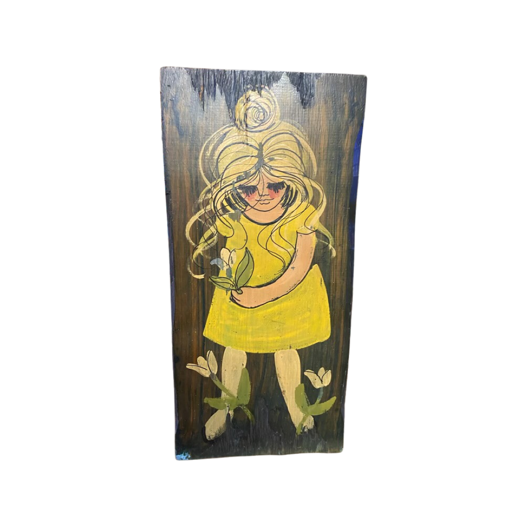 Little Girl in Yellow Dress Painting on Wood Board