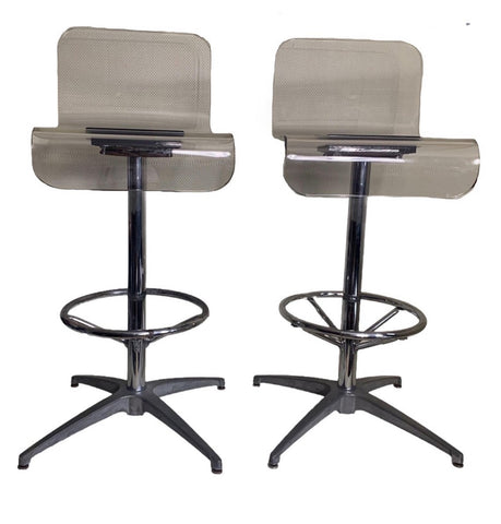 Pair of Bent Lucite and Chrome Counter Height Bar Stools - Attributed to Charles Hollis Jones Unsigned
