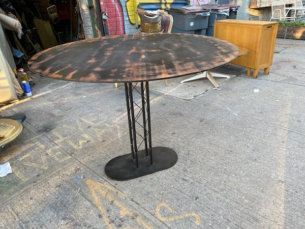 Unique Round Dining Table with Black Metal Grid Base and Bamboo Wood Top