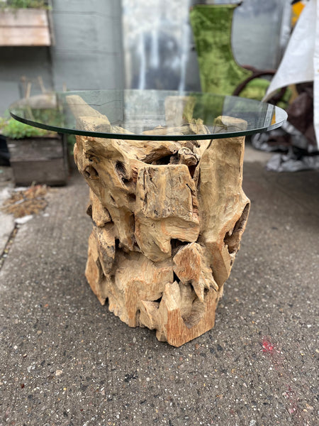 Driftwood Side Table With Round Glass Top
