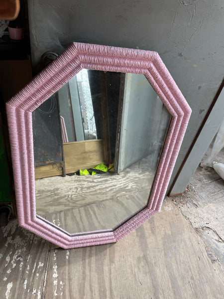 Pink Painted Plastic Woven Wicker Octagon Mirror 30x42” tall