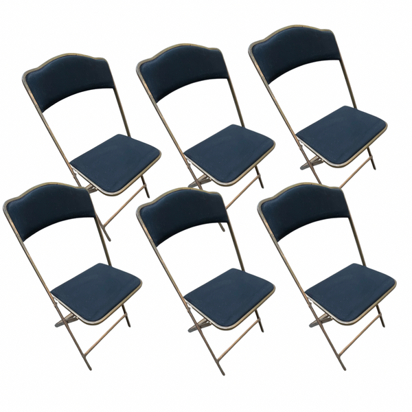 Set of 6 Brass Folding Chairs - Black Fabric