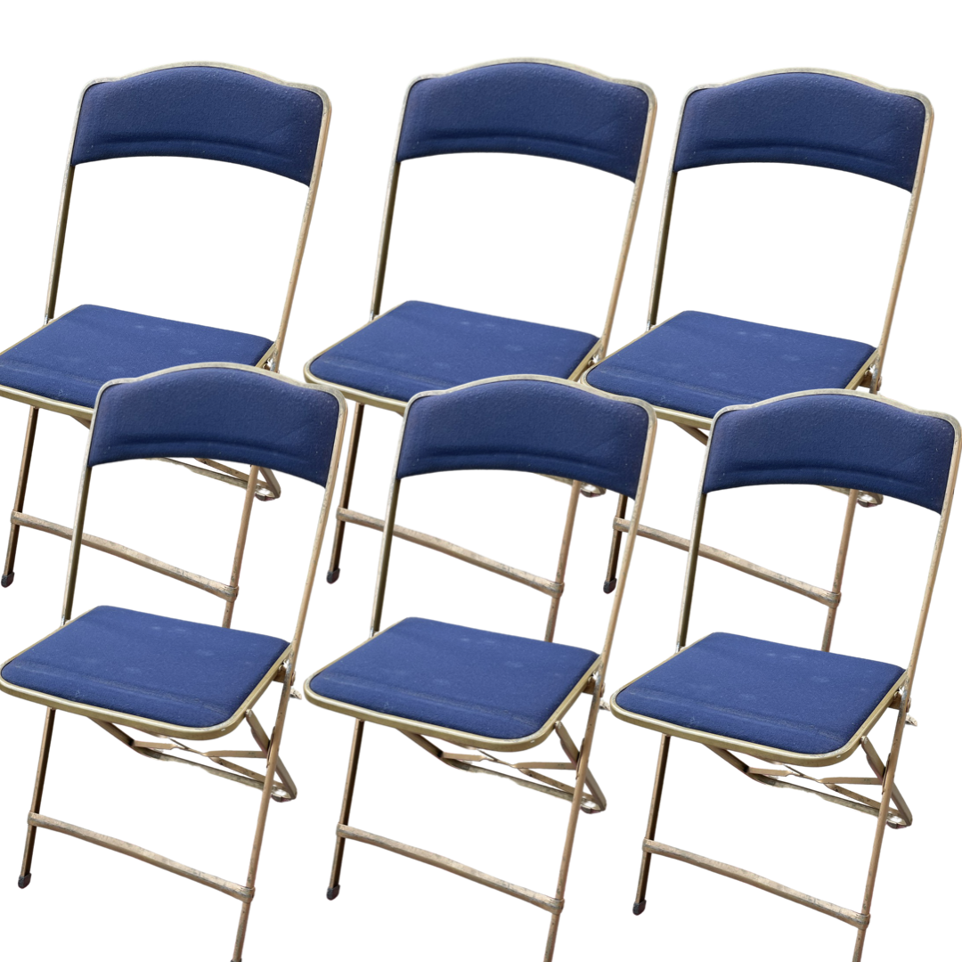 Set of 6 Brass Folding Chairs - Blue Indigo