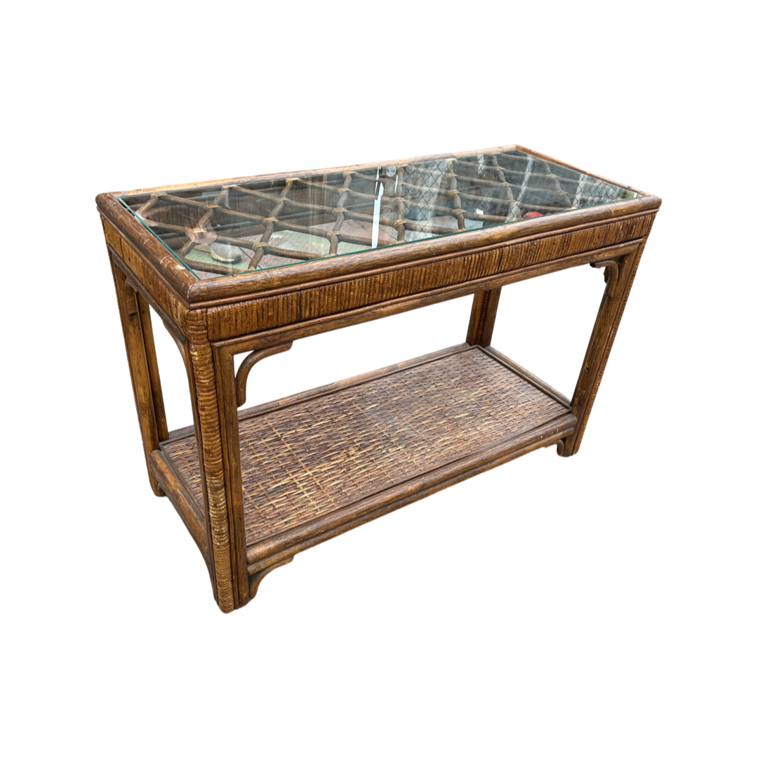 Boho Dark Cane and Rattan Console Table with Glass