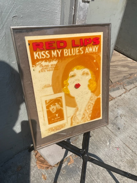 Vintage 1972 Lucid Lines Inc Glass Art of "Red Lips Kiss My Blues Away 1927" Framed Wall Art