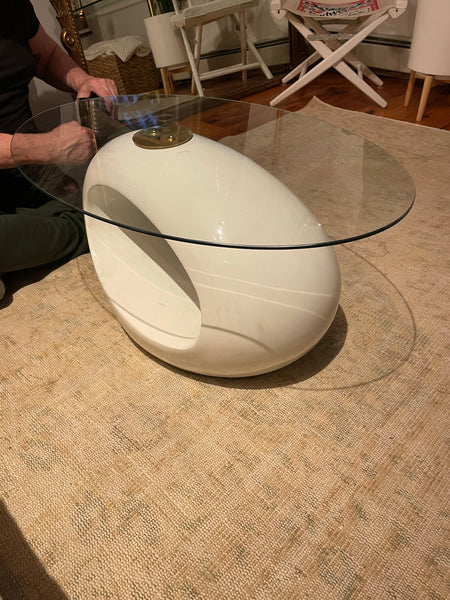 Oblong White Side or Coffee Table with Circular Mirror or Oval Glass Top