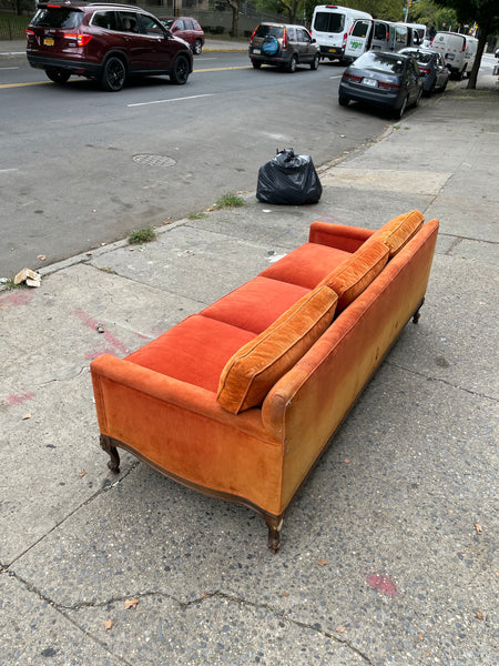 Orange Velvet Corduroy Antique Wood Framed Sofa