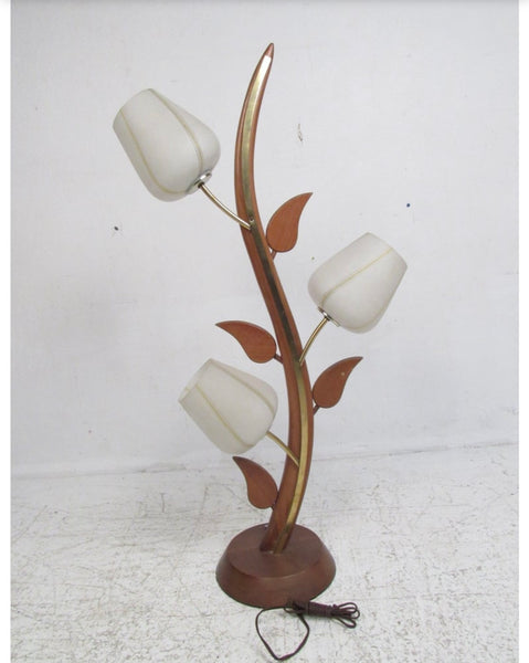 Mid Century Modern Wood and Brass Vintage Floral-Inspired Lamps (Pair Available Priced Individually)
