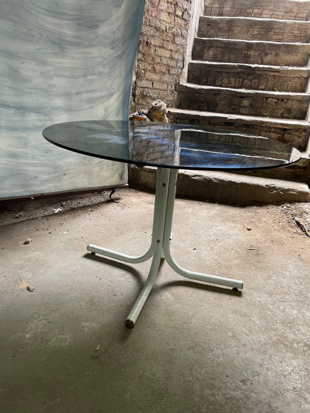 Smoked Glass Round Kitchen Table with White Metal Base