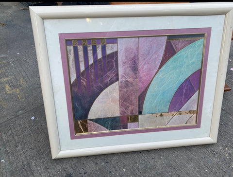 Pink Lacquer Framed 1980s Purple and Gold Abstract Art