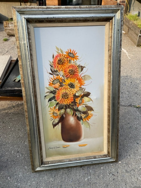 Mcm Original Framed Still Life Oil Painting Orange Flowers in Vase