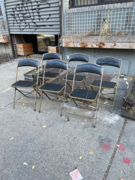 Set of 6 Brass Folding Chairs - Black Vinyl