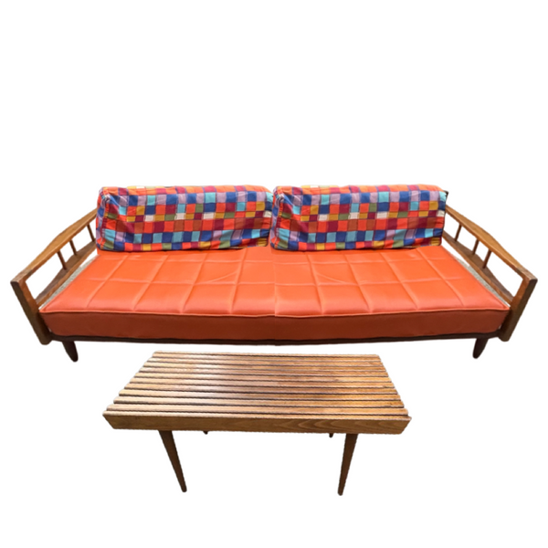 Orange Vinyl and Walnut MCM Daybed Sofa