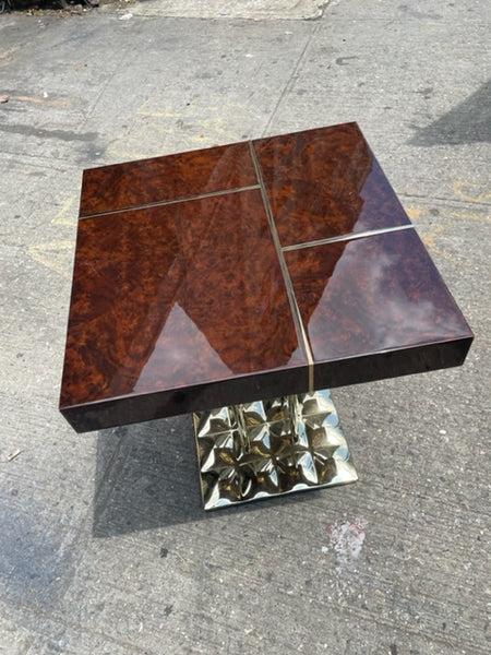 Pair of Decca Home Tristan Square Side Table with Walnut Burl Top and Spray Gold Chrome Base Designed by Dakota Jackson (Priced Individually)