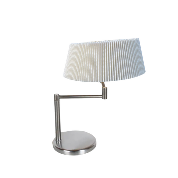Walter Von Nessen Signed Brushed Nickel Swing Arm Table Lamp with Fluted White Shade